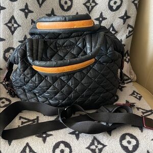 MZ Wallace Quilted Black Nylon Tote with Logo Plaque